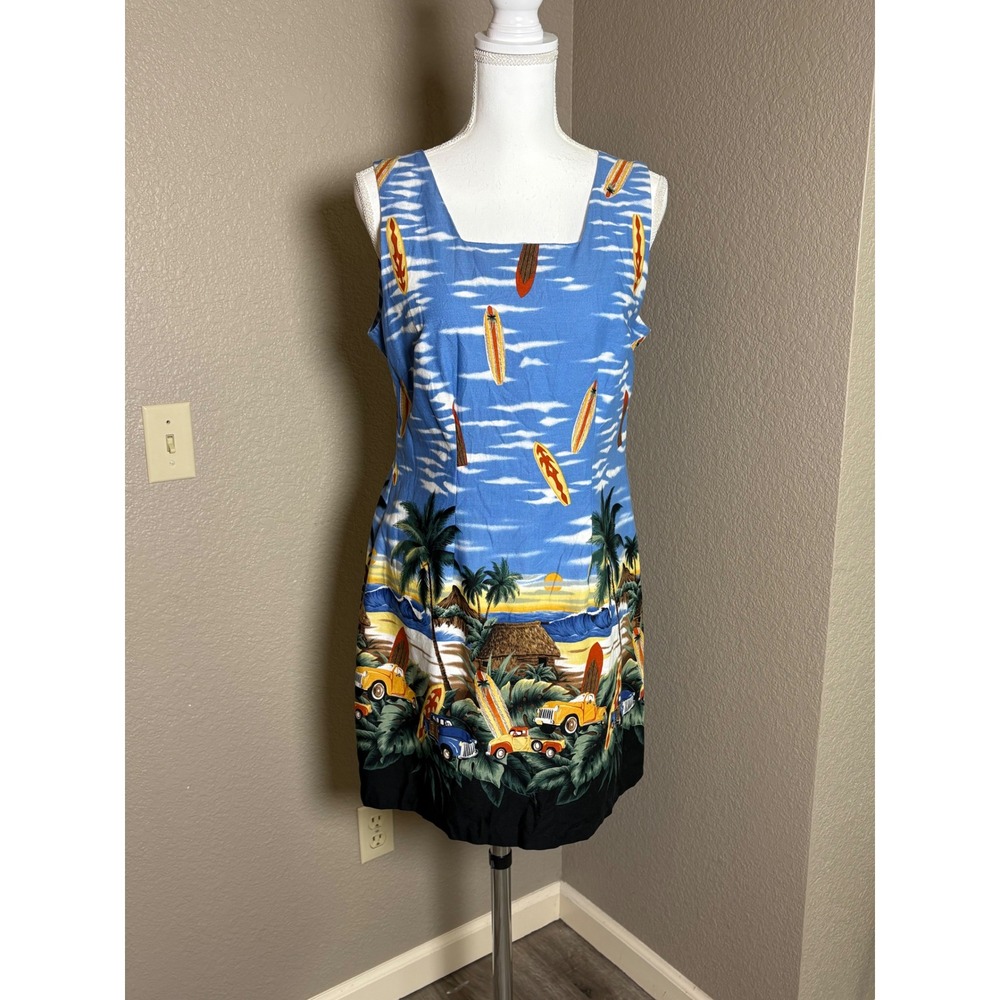 Shannon Marie Hawaii Tropical Surf Woodie Car Mini Dress Blue Cotton Womens L
